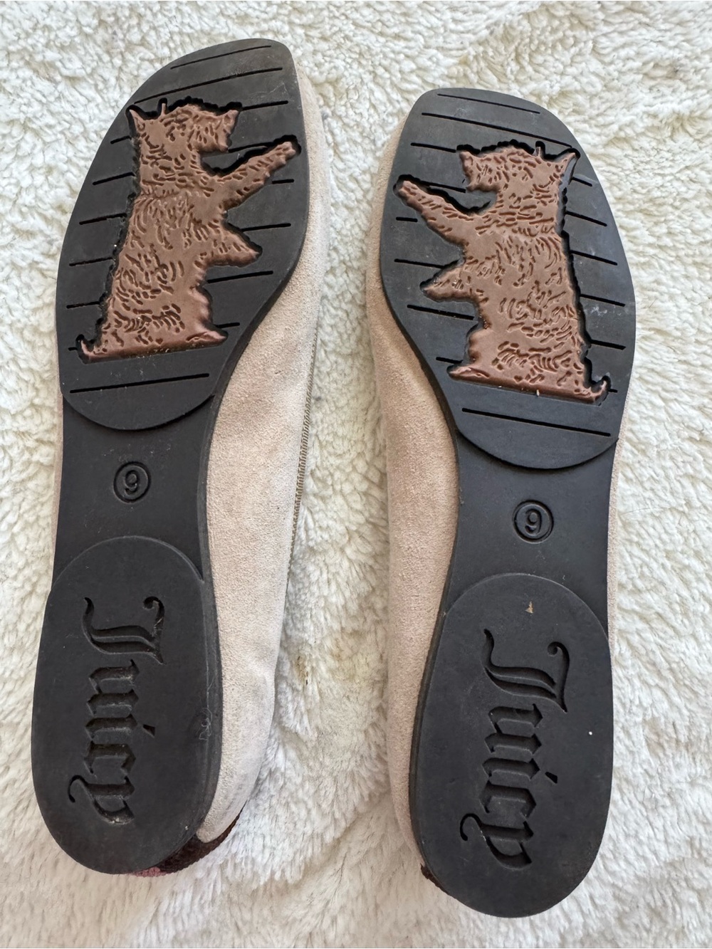 Juicy Couture Taupe Suede Flats with Rhinestone Medallion - Picture 4 of 6